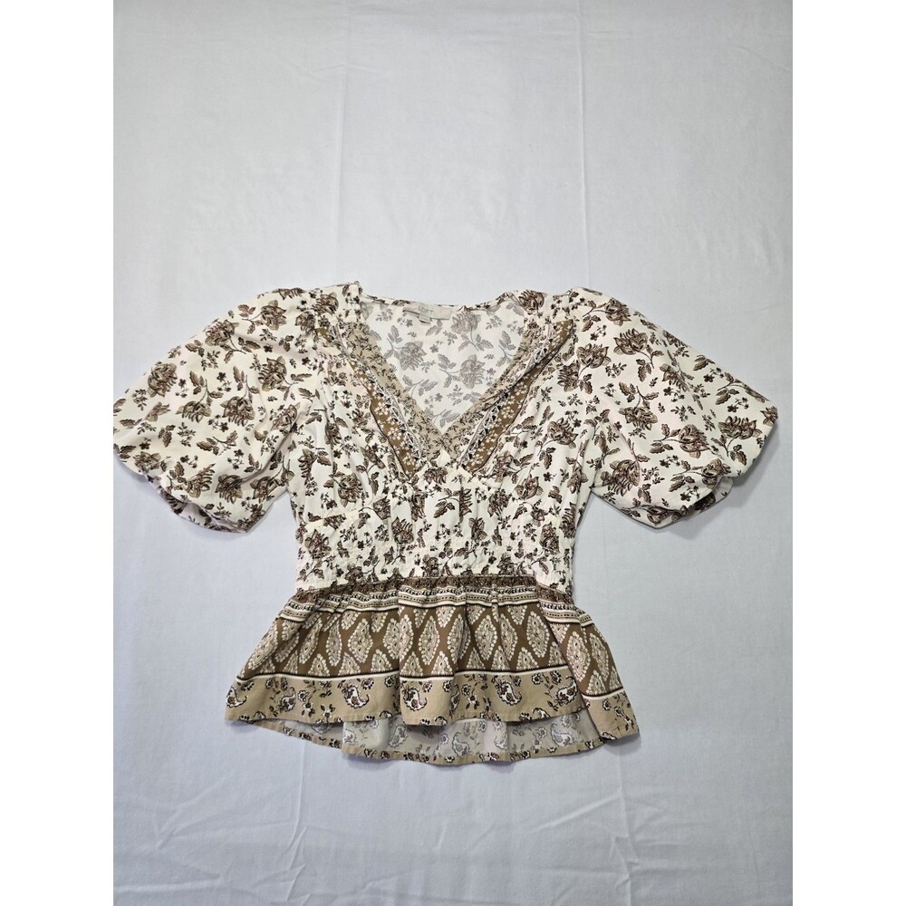 LOFT Blouse Womens Size L, Ivory Brown Floral Boho Peplum Short Sleeve Top